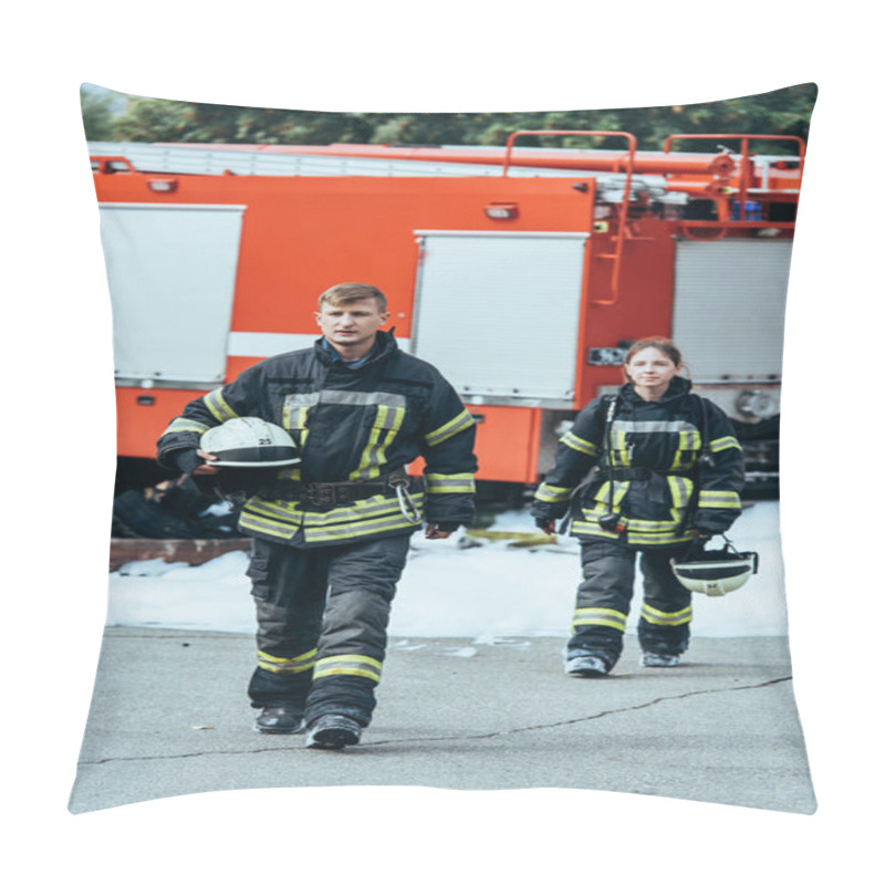 Personality  Firefighters In Fireproof Uniform With Helmets Walking On Street With Fire Truck Behind Pillow Covers