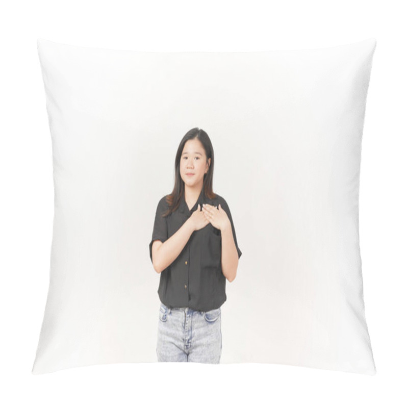 Personality  Beautiful Asian Woman Places Her Hand Gently On Her Chest, Expressing Sincerity Or Gratitude, Against A White Background Pillow Covers