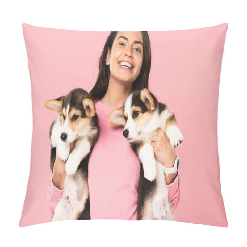 Personality  Beautiful Smiling Woman Holding Welsh Corgi Puppies, Isolated On Pink Pillow Covers