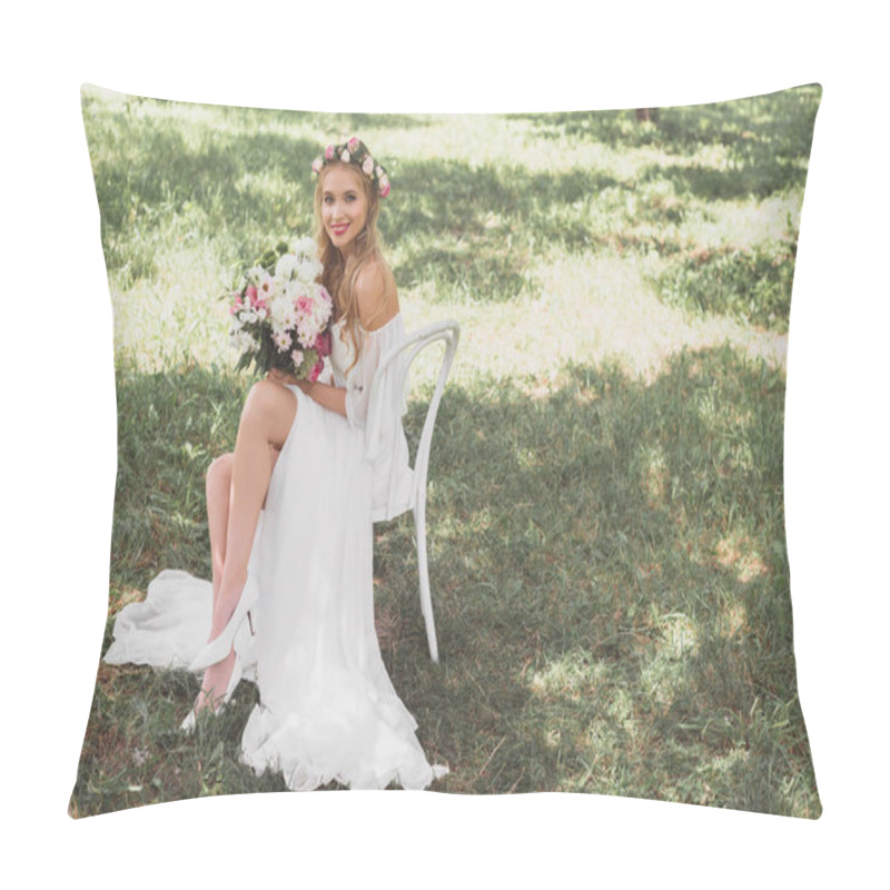 Personality  High Angle View Of Happy Young Bride Holding Bouquet Of Flowers And Smiling At Camera While Sitting On Chair Outdoors Pillow Covers