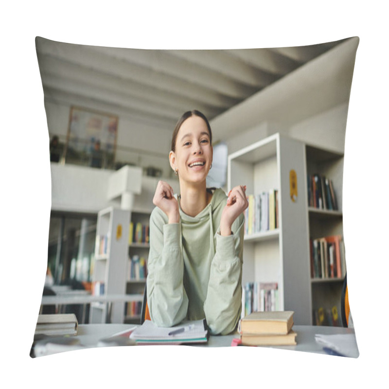 Personality  A Teenage Girl Engrossed In Her Laptop, Surrounded By Books, In A Peaceful Library Setting. Pillow Covers