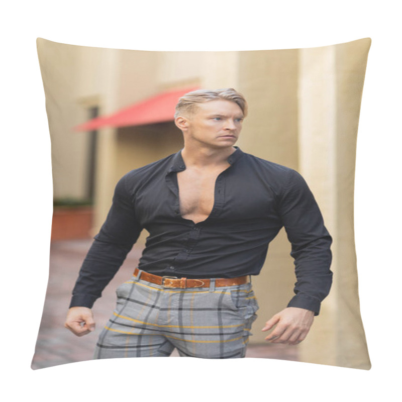 Personality  A Handsome Blonde Man In A Black Shirt And Plaid Pants Walks Down A Street In Orlando, Florida. Pillow Covers