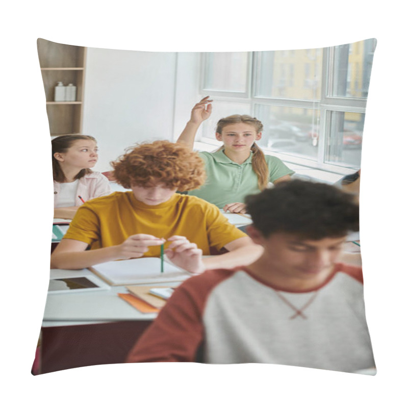 Personality  Teenage Schoolgirl Raising Hand And Talking Near Devices And Classmates During Lesson In School Pillow Covers