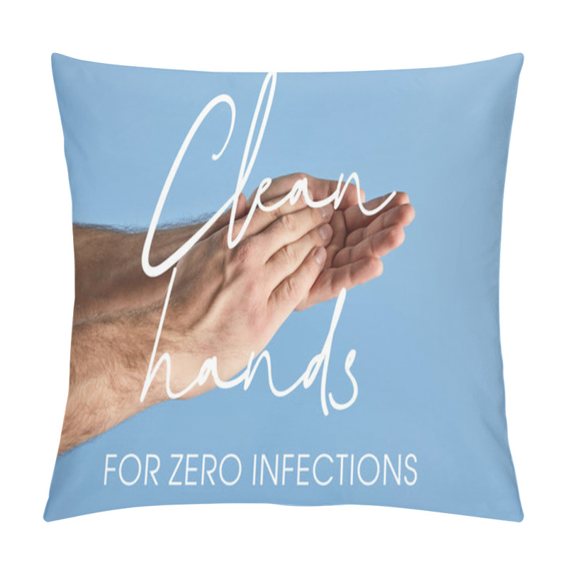 Personality  Cropped View Of Man Washing Hands Isolated On Blue, Clean Hands For Zero Infections Illustration Pillow Covers