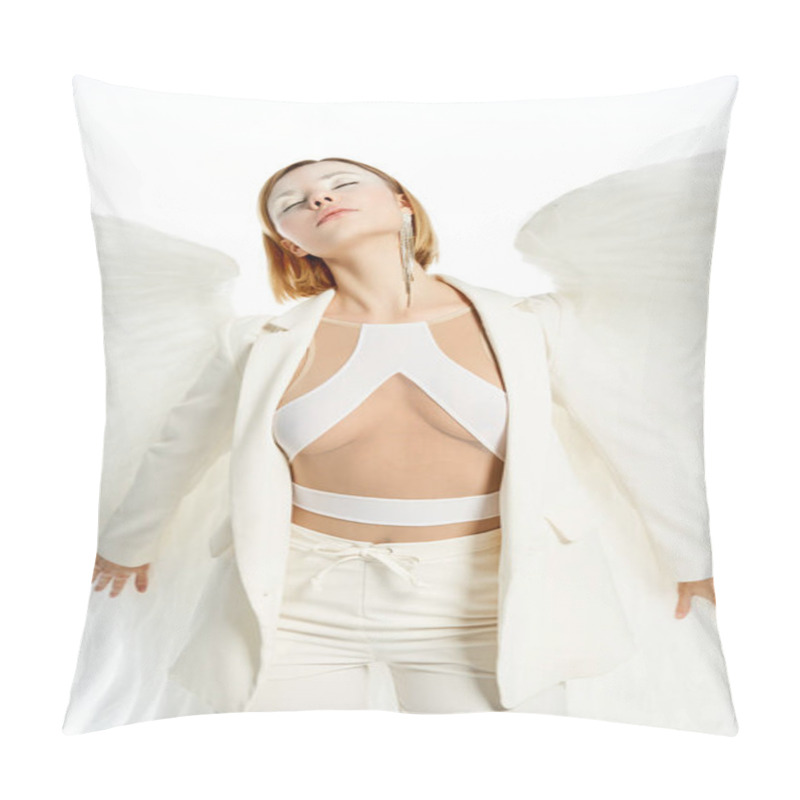 Personality  Woman In Costume Of Light Winged Angel Posing With Closed Eyes On White, Divine Beauty Pillow Covers