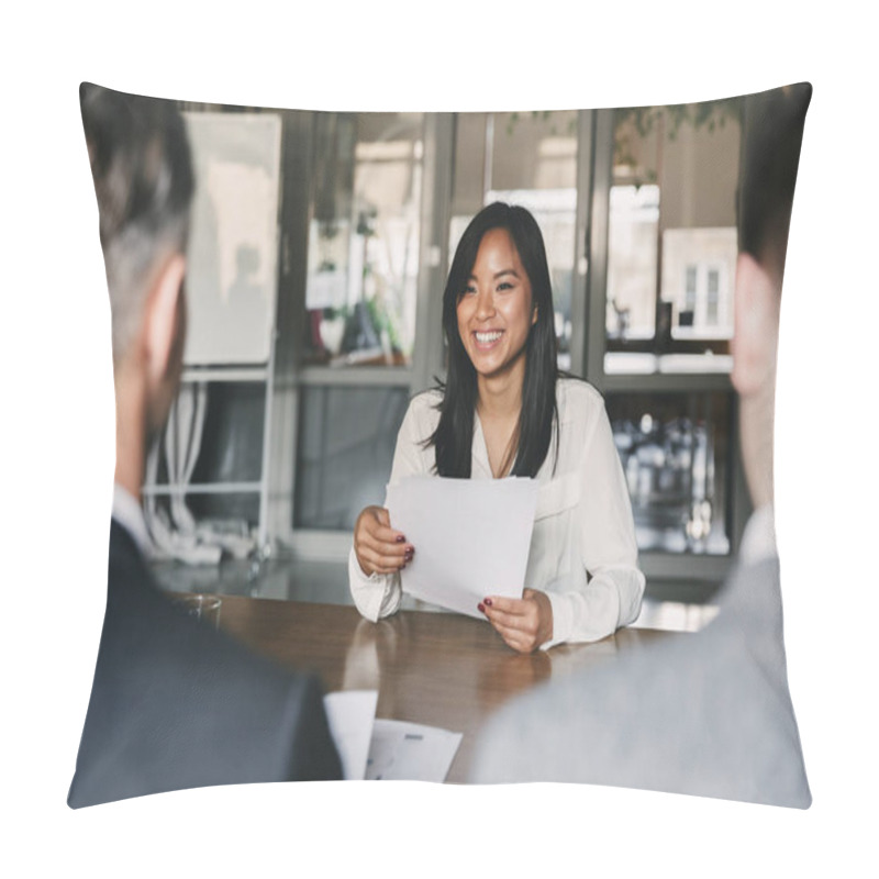 Personality  Business, Career And Placement Concept - Young Asian Woman Smiling And Holding Resume, While Sitting In Front Of Directors During Corporate Meeting Or Job Interview Pillow Covers