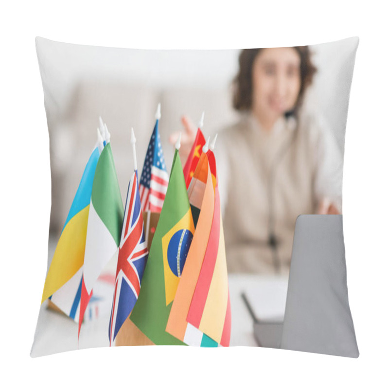 Personality  Selective Focus Of Various International Flags Near Blurred Laptop And Language Teacher Having Online Lesson At Home Pillow Covers