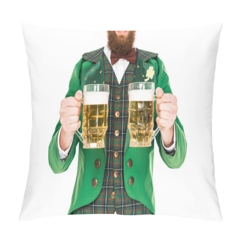 Personality  Cropped View Of Leprechaun Celebrating St Patricks Day With Beer, Isolated On White Pillow Covers