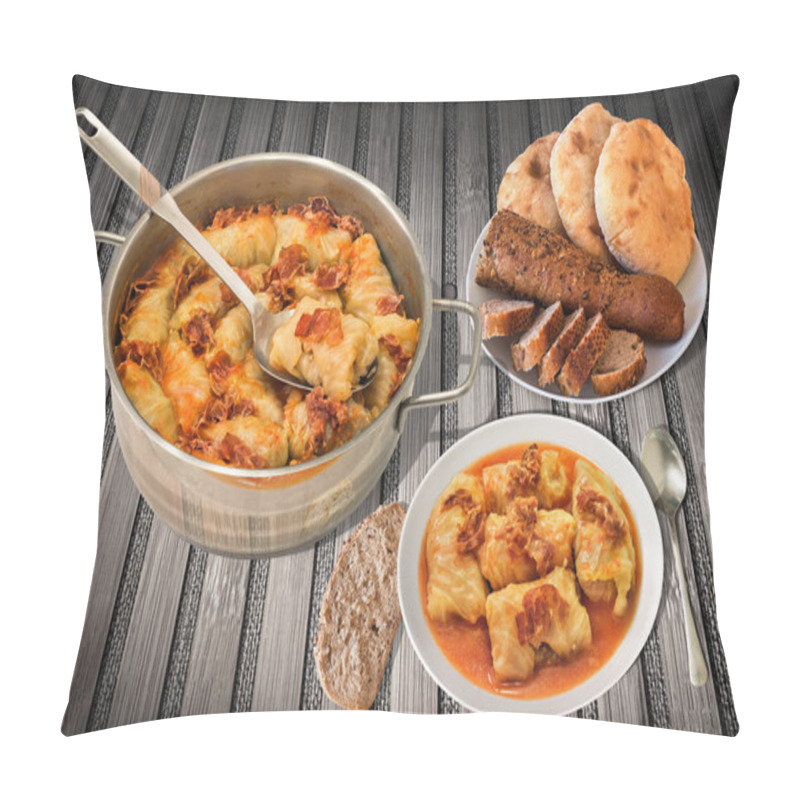 Personality  Plateful Of Cabbage Rolls Stuffed With Minced Meat Cooked In Tomato Sauce With Smoked Ham Slices In Stainless Steel Saucepot Served On Bamboo Place Mat With Pitta Bread Loafs And Sliced Baguette Pillow Covers