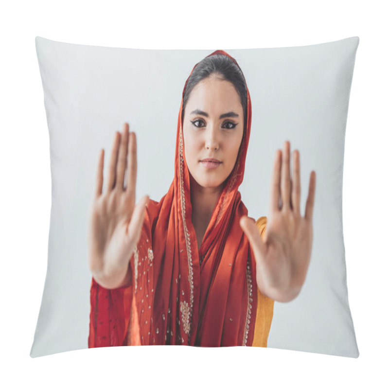 Personality  Selective Focus Of Indian Woman In Sari Showing Refuse Gesture Isolated On Grey Pillow Covers