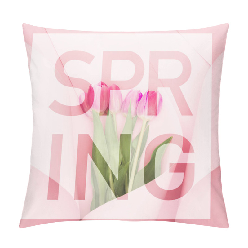 Personality  Top View Of Tulips Wrapped In Paper On Pink Background, Spring Illustration Pillow Covers