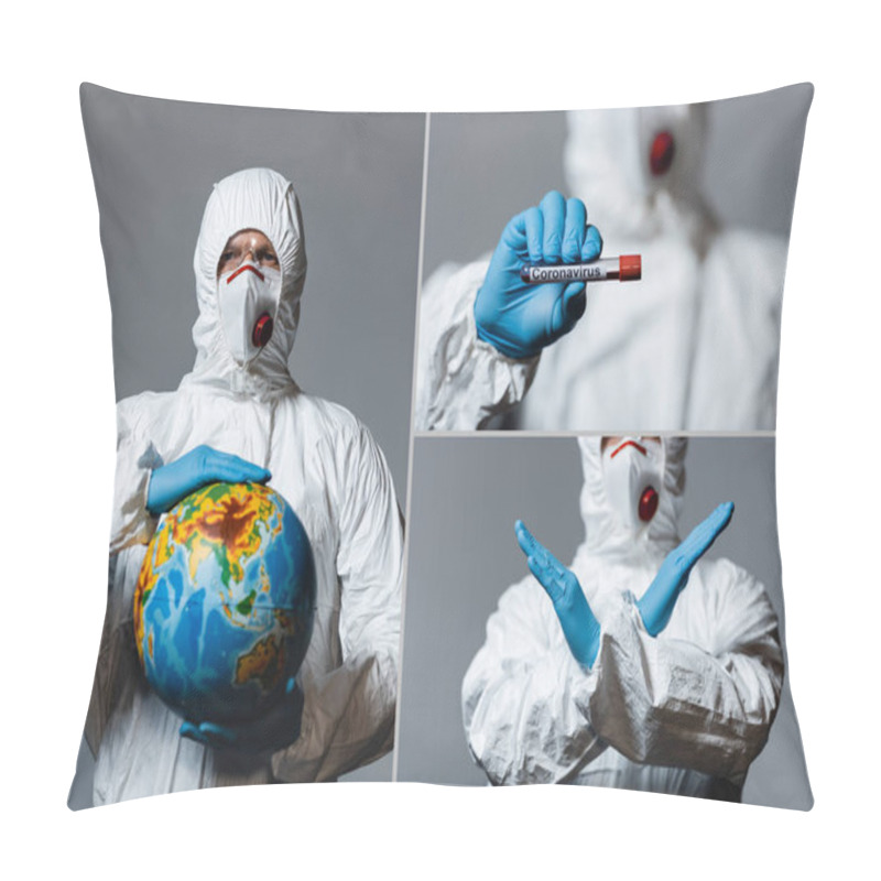 Personality  Collage Of Man In Personal Protective Equipment Holding Globe, Test Tubes And Showing Hand With Stop Coronavirus Lettering Isolated On Grey  Pillow Covers