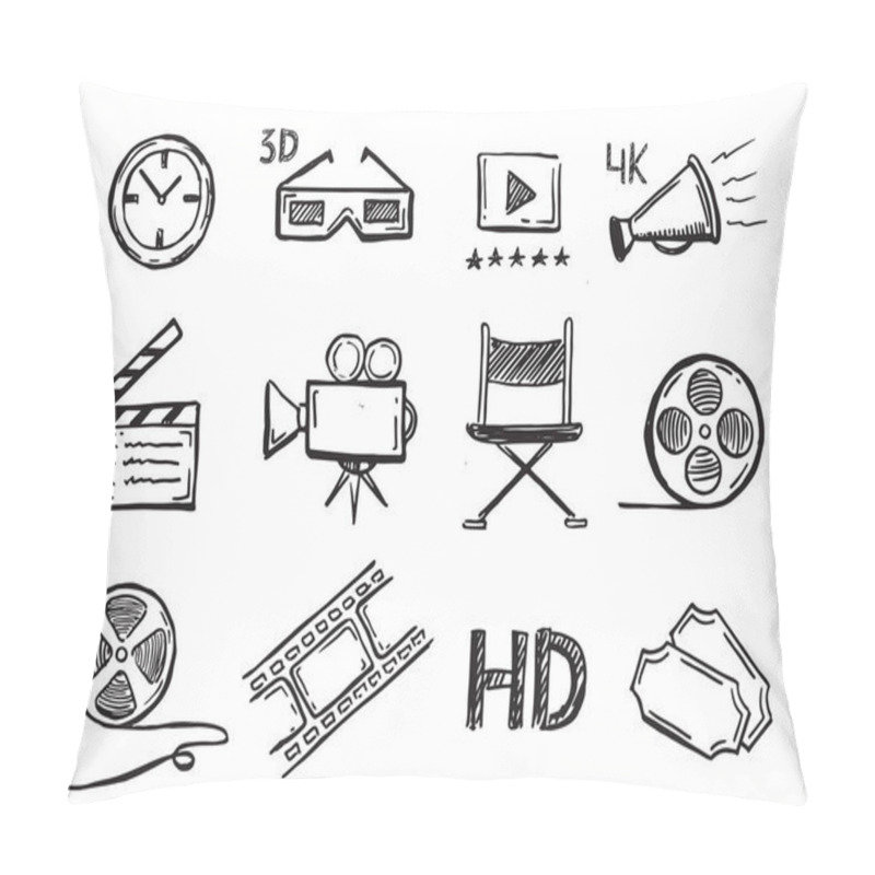 Personality  Cinema Decorative Symbols Set, Doodle Style, Vector Hand Drawn. Pillow Covers