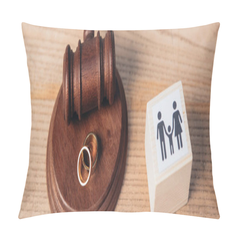 Personality  Panoramic Concept Of Golden Rings On Wooden Gavel Near Cube With Family Pillow Covers