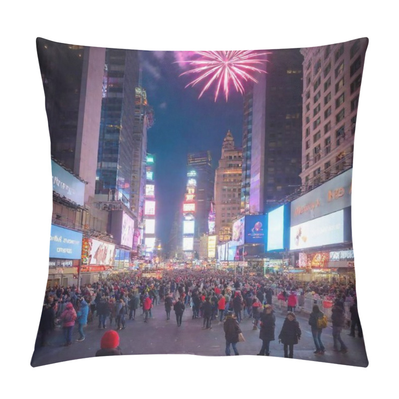 Personality  A Vibrant Scene Capturing The Iconic Times Square In New York City During New Year's Eve. Colorful Fireworks Light Up The Night Sky As Confetti Cascades Down Around A Jubilant Crowd Of People Celebrating, Holding Signs And Cheering For The New Year. Pillow Covers