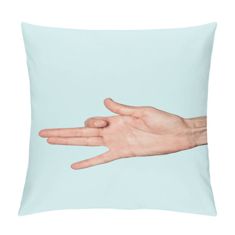 Personality  Partial View Of Man Doing Hand Dog Isolated On Blue Background  Pillow Covers