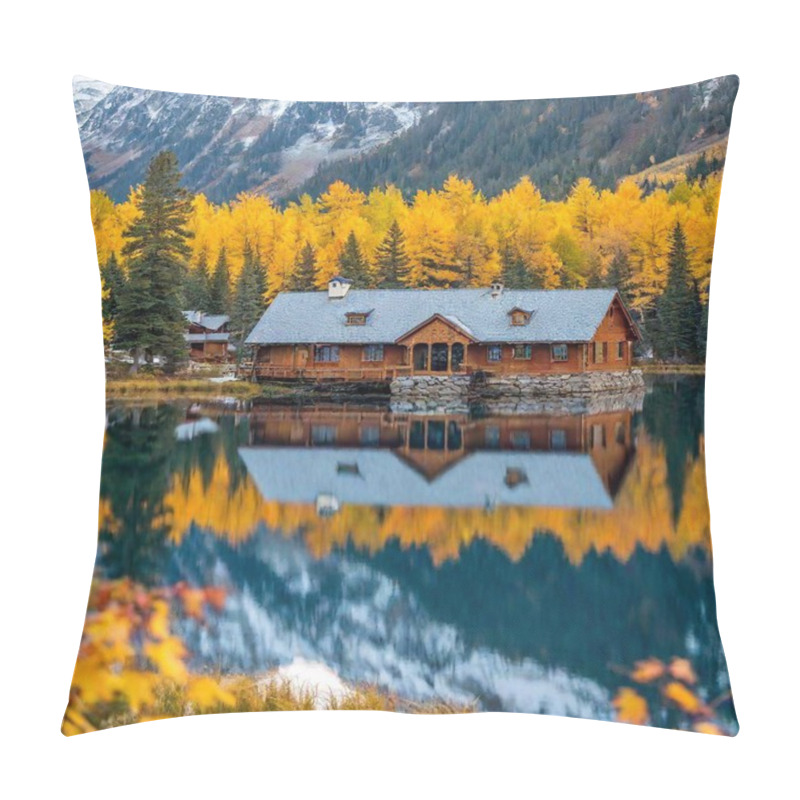 Personality  Outdoors Two-story Luxury Log Cabin Chalet Hotel Lodge With Grass In Full View Next To A Large Crystal Turquoise Blue Lake, Evergreens Pine Trees,  Very Cozy, Fall, Red Aspen Trees, Red Oak Trees, Red And Gold Maple Trees, Pumpkins, , Snow Capped Pillow Covers