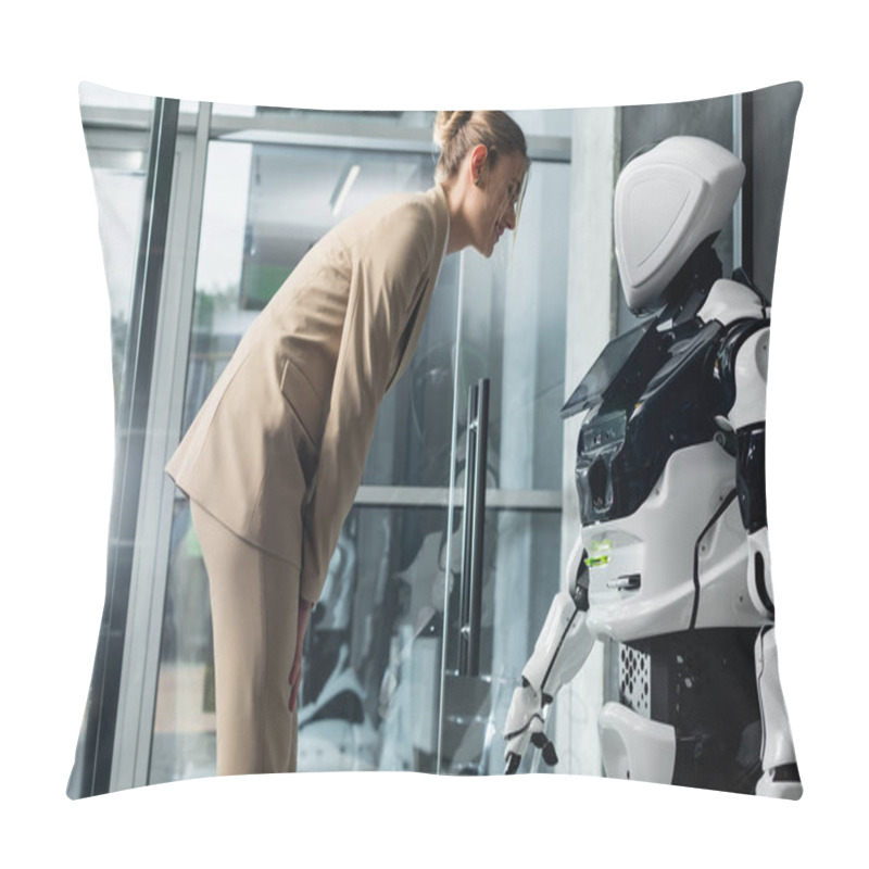 Personality  Smiling Businesswoman Looking At Robot In Office Pillow Covers