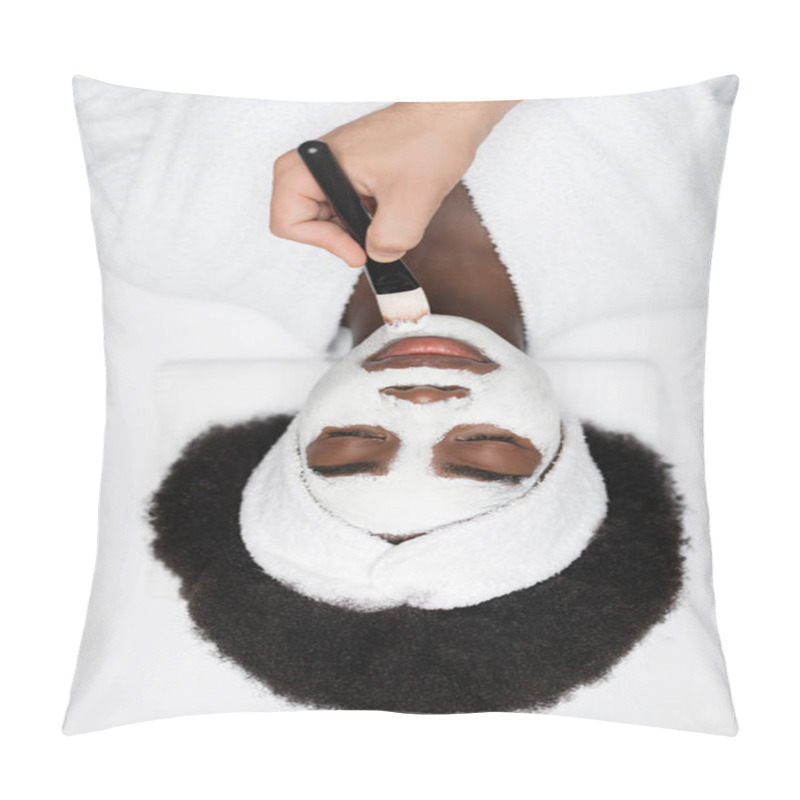 Personality  Top View Of Positive African American Woman Wearing Bathrobe, Lying Near Spa Therapist Applying Face Mask On Chin In Spa Salon Pillow Covers