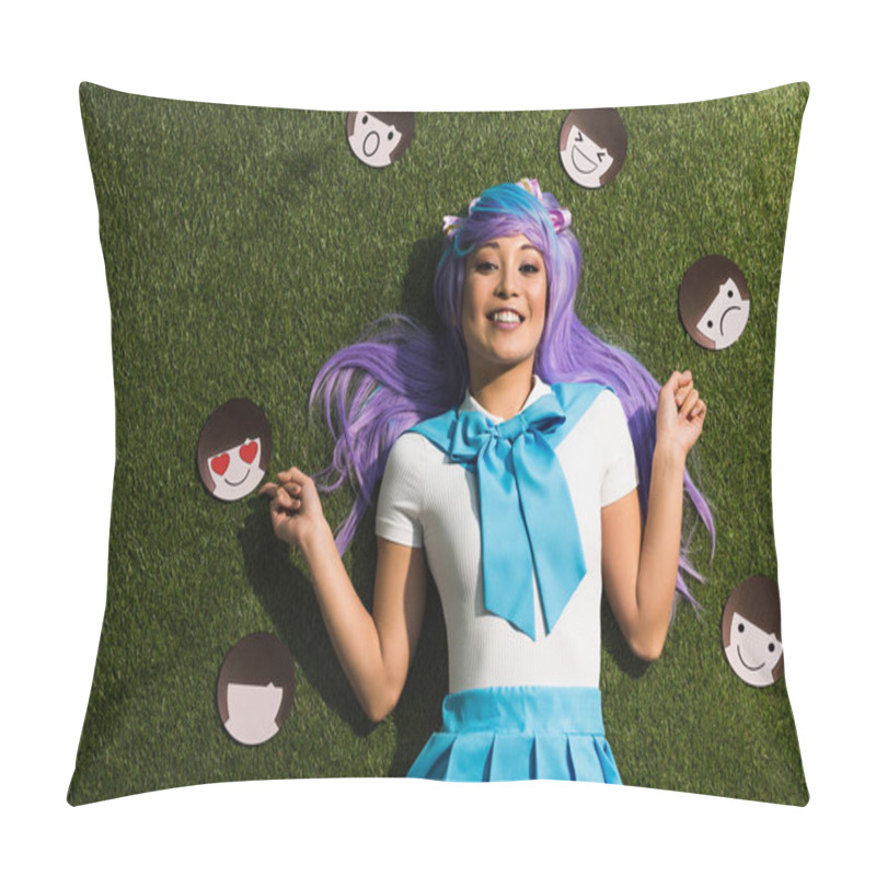 Personality  Asian Anime Girl In Purple Wig With Emoticons Lying On Grass Pillow Covers