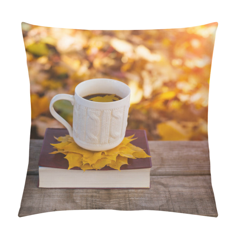 Personality  Hot Coffee And Red Book With Autumn Leaves On Wood Background Pillow Covers