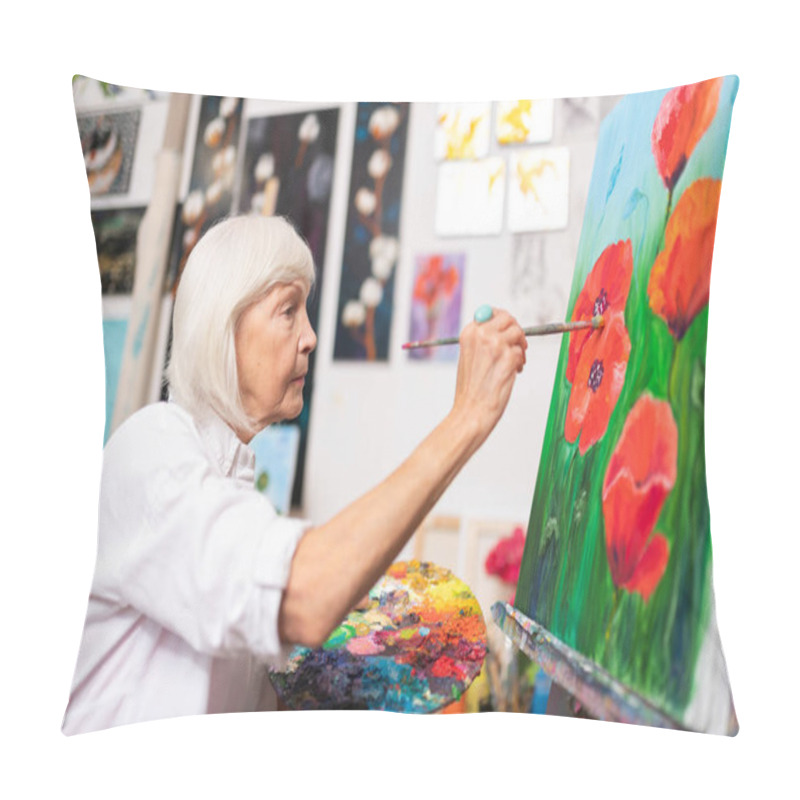 Personality  Grey-haired Retired Artist Painting Red Poppies With Gouache Pillow Covers