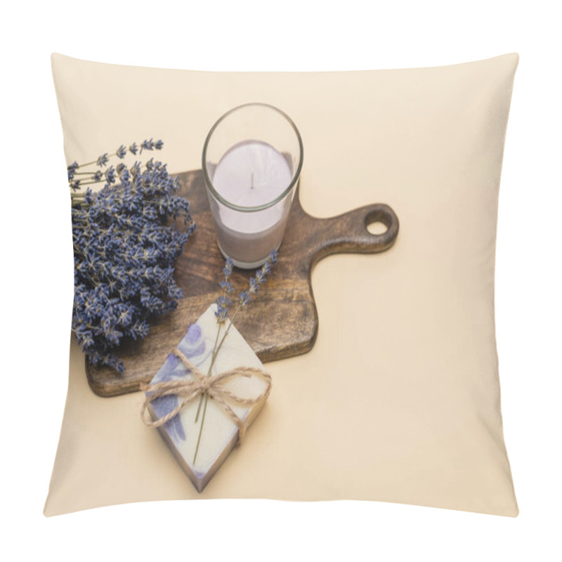 Personality  Top View Of Lavender Near Handmade Soap And Candle On Cutting Board On Beige Background  Pillow Covers