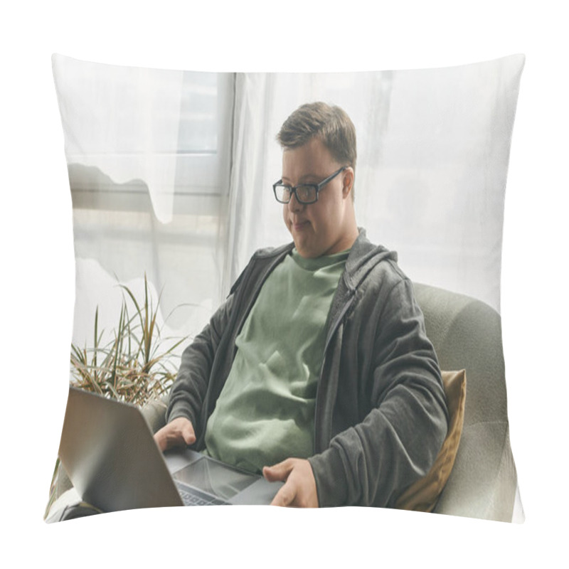 Personality  A Young Man With Down Syndrome Enjoys Browsing On His Laptop In A Bright, Comfortable Living Room. Pillow Covers