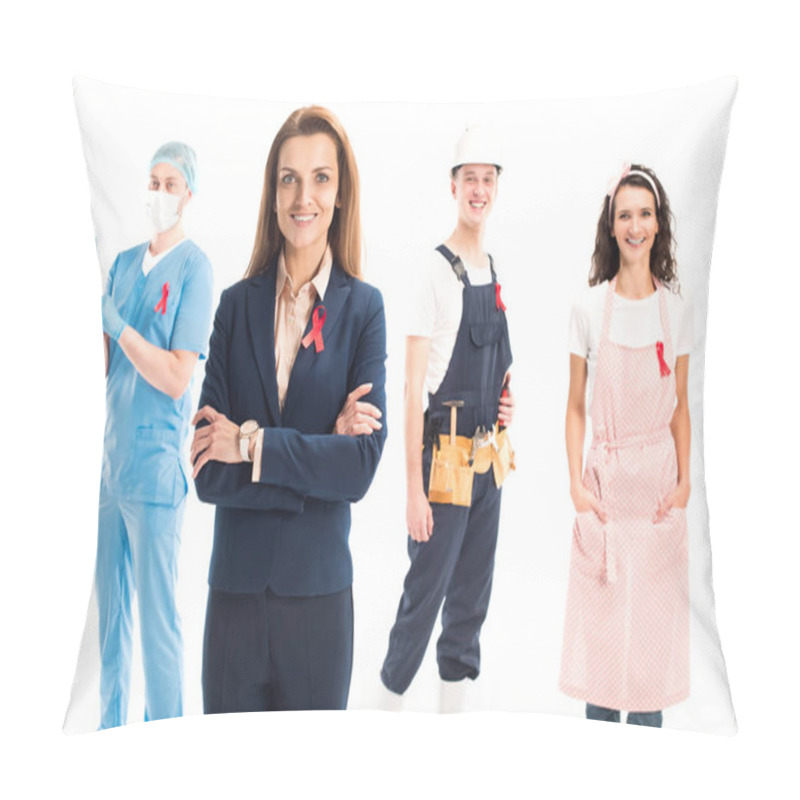 Personality  Smiling Businesswoman, Doctor, Worker And Housewife Standing With Red Ribbons Isolated On White, World Aids Day Concept Pillow Covers