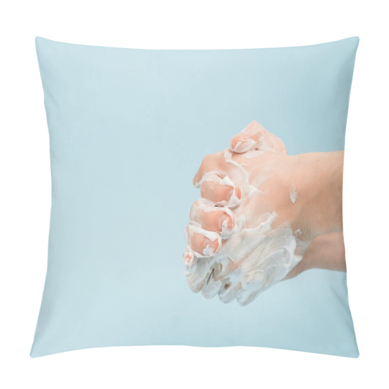 Personality  Cropped View Of Man Washing Hands Isolated On Blue  Pillow Covers