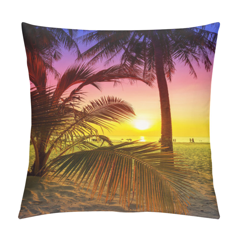 Personality  Palm Tree Silhouette On Tropical Beach At Sunset. Pillow Covers