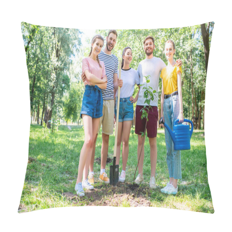 Personality  Friends With Watering Can And Shovel Planting New Tree And Volunteering In Park Pillow Covers