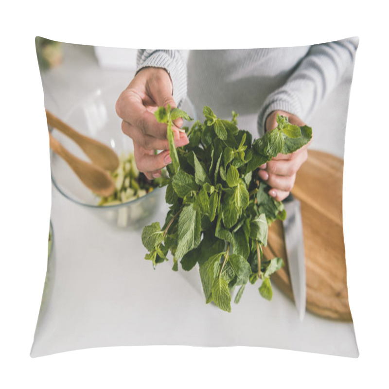 Personality  Cropped View Of Girl Touching Fresh Peppermint Leaves  Pillow Covers