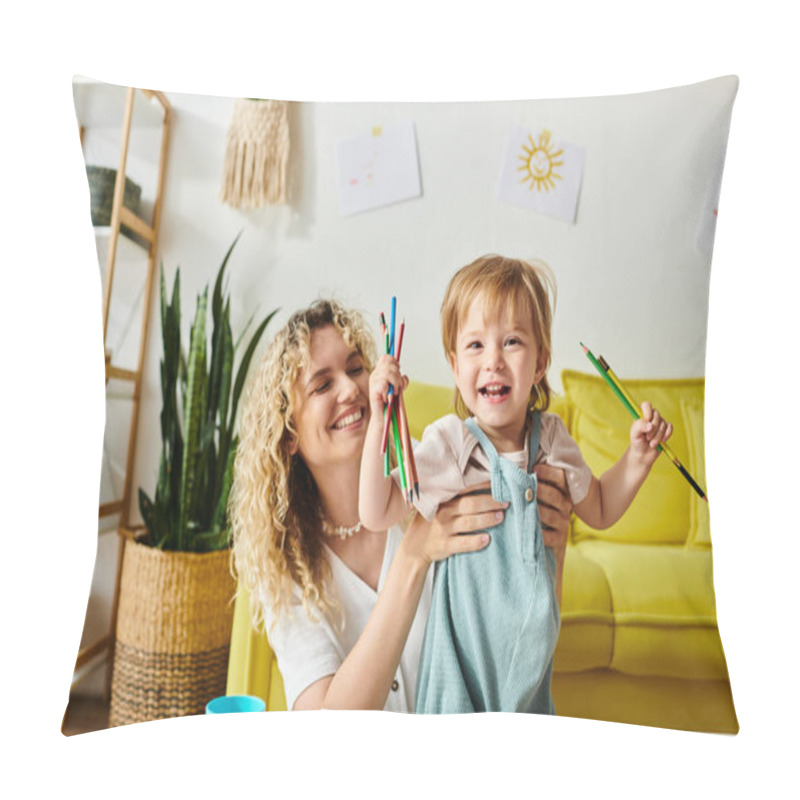 Personality  A Curly Mother And Her Toddler Daughter Engage In Montessori Learning Activities At A Table In A Cozy Home Setting. Pillow Covers