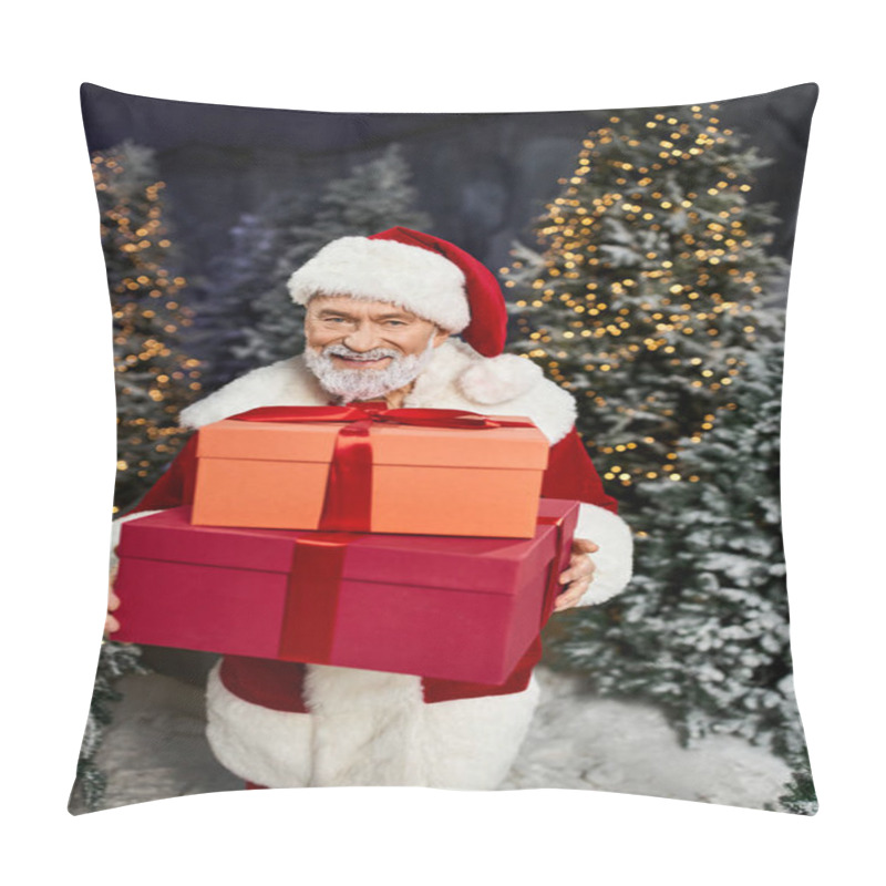 Personality  Festively Dressed Santa Holds Vibrant Presents While Surrounded By A Magical Winter Wonderland. Pillow Covers