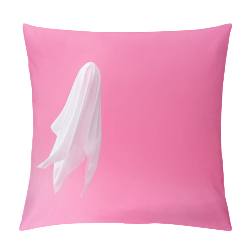 Personality  White Ghost Sheet Costume Against Pastel Pink Background. Minimal Halloween Scary Concept. Pillow Covers