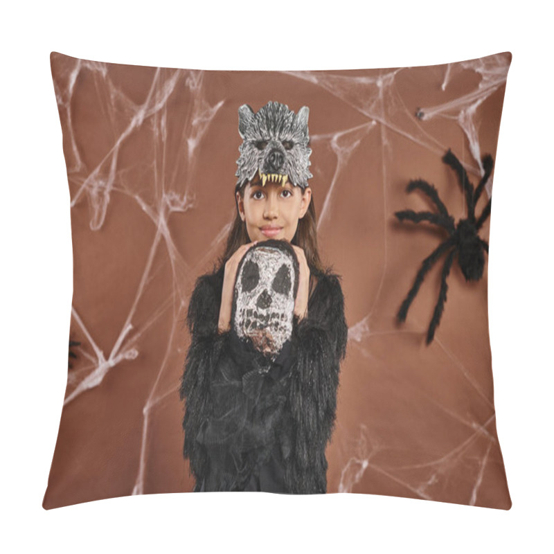 Personality  Smiling Girl In Wolf Mask And Black Attire Hugging Halloween Toy Skeleton, Halloween Concept Pillow Covers