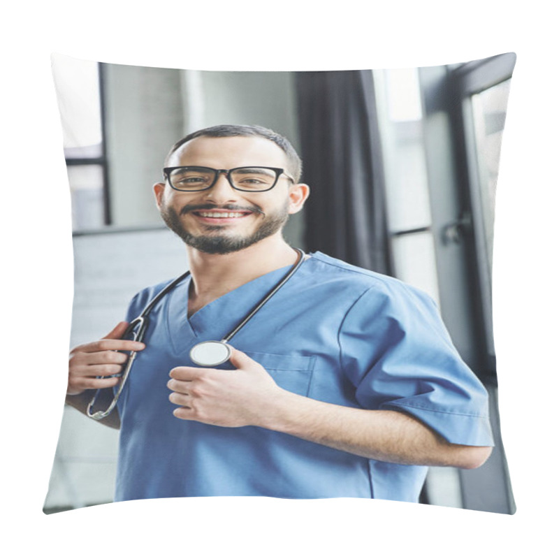 Personality  Overjoyed Bearded Medical Instructor With Stethoscope On Neck Wearing Blue Uniform And Smiling At Camera In Training Room, First Aid Training Seminar And Emergency Preparedness Concept Pillow Covers