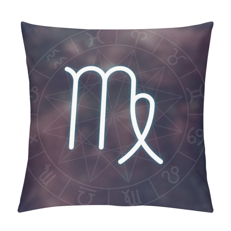 Personality  Zodiac Sign - Virgo. White Thin Simple Line Astrological Symbol On Blurry Abstract Space Background With Astrology Chart. Pillow Covers