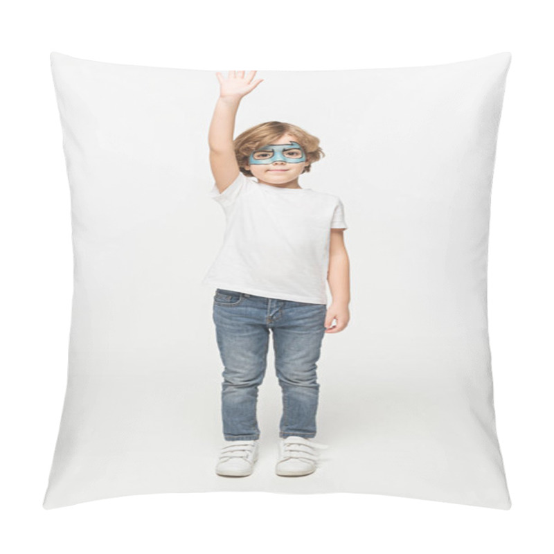 Personality  Full Length View Of Smiling Boy With Superhero Mask Painted On Face Standing With Raised Hand On White Background Pillow Covers