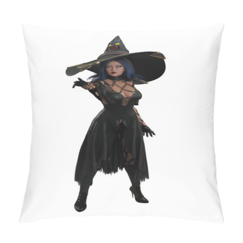 Personality  Beautiful Fantasy Halloween Witch Woman In Sexy Outfit Casting A Magic Spell. Isolated 3D Illustration. Pillow Covers