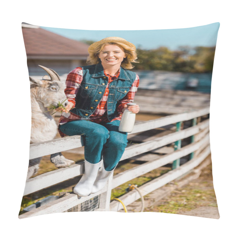 Personality  Smiling Female Farmer With Milk Bottle Sitting On Wooden Fence And Feeding Goat At Ranch Pillow Covers