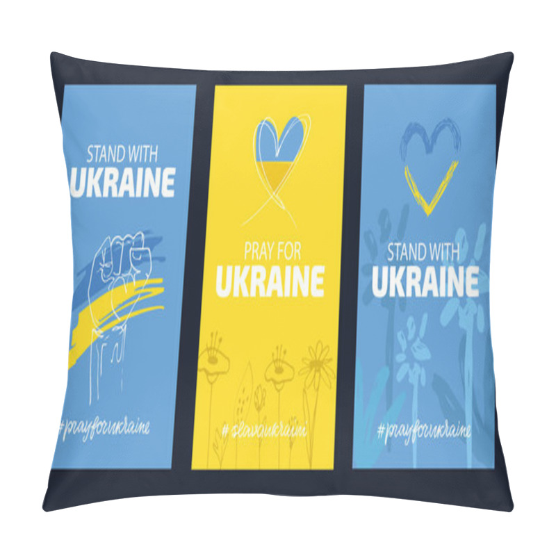 Personality  I Support Ukraine, Ukrainian Flag With A Pray For Ukraine Concept Icon Set. Save From Russia Stickers For Media. Vector Illustration Pillow Covers