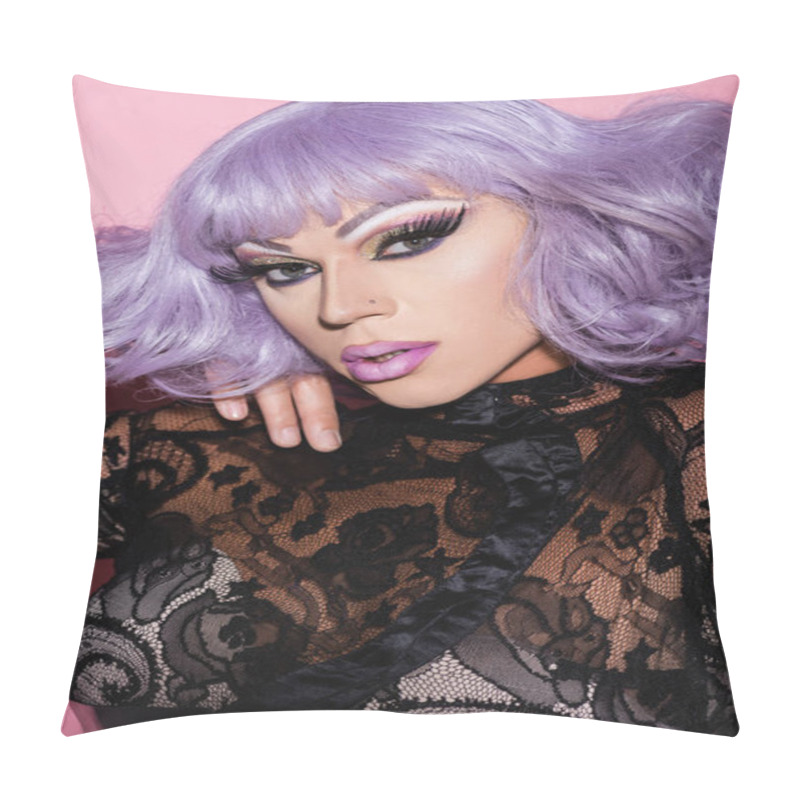 Personality  Man In Purple Wig And Black Lace Clothes Looking At Camera On Pink Pillow Covers