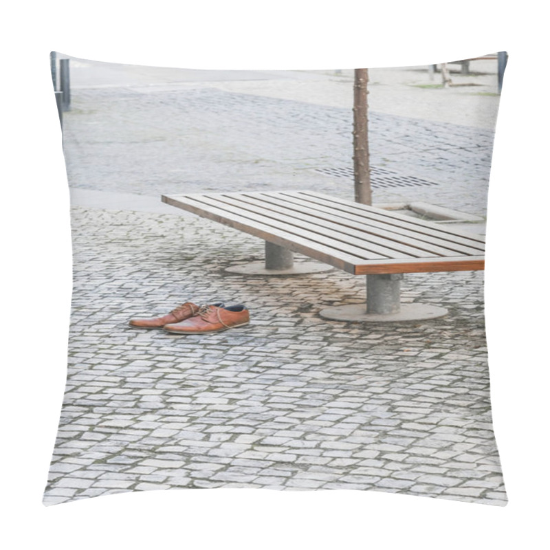 Personality  Brown Leather Shoes On A Cobblestone Pavement Next To A Bench In An Urban Setting. Pillow Covers