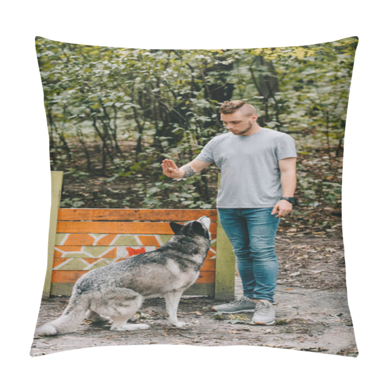 Personality  Young Man Training Husky Dog On Jumping Obstacle In Park  Pillow Covers