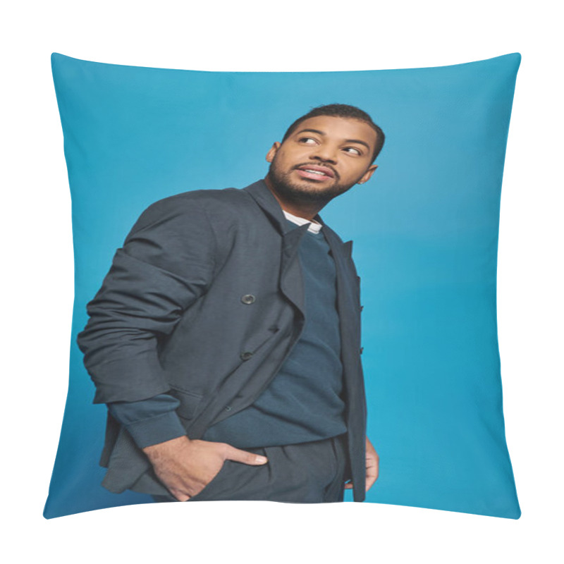 Personality  Charismatic African American Man In Dark Blue Outfit Standing To Sideways And Looking To Side Pillow Covers