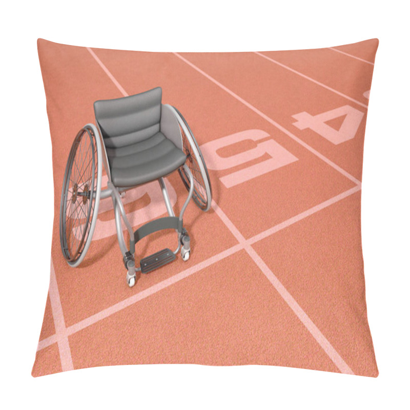 Personality  An Empty Modified Wheelchair Used By Handicapped Athletes To Compete In Various Sporting Codes On An Orange Marked Athletics Track Background - 3D Render Pillow Covers