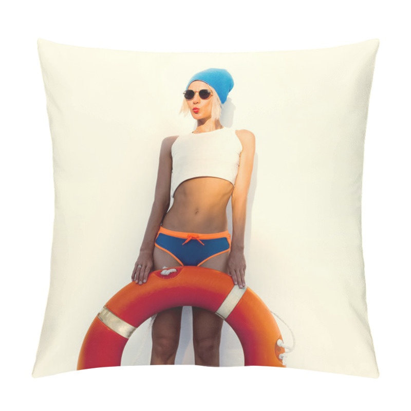 Personality  Funny Blonde On Wall Background With Lifebuoy Pillow Covers