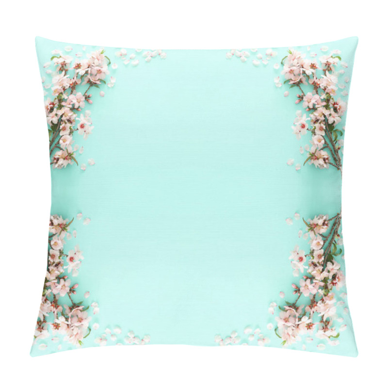 Personality  Photo Of Spring White Cherry Blossom Tree On Pastel Mint Wooden Background. View From Above, Flat Lay Pillow Covers